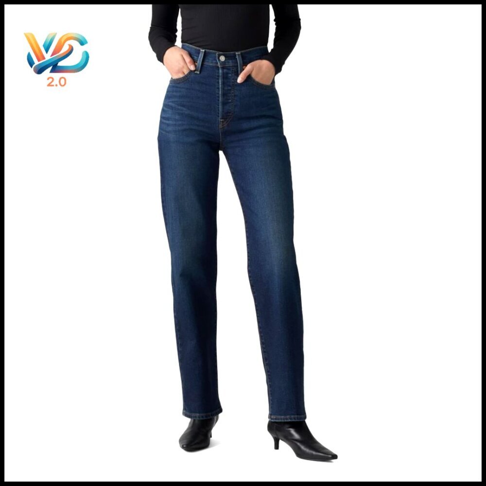High Rise Straight Leg Jeans Slim Fit Stretch Denim Classic‎ Retro Chic